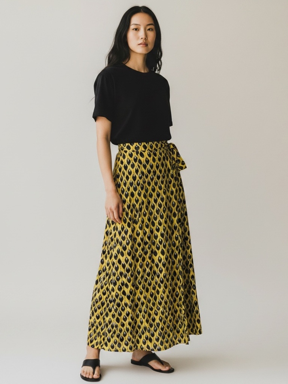 Daniel Rainn Yellow and Black Patterned Maxi Skirt with Side Tie